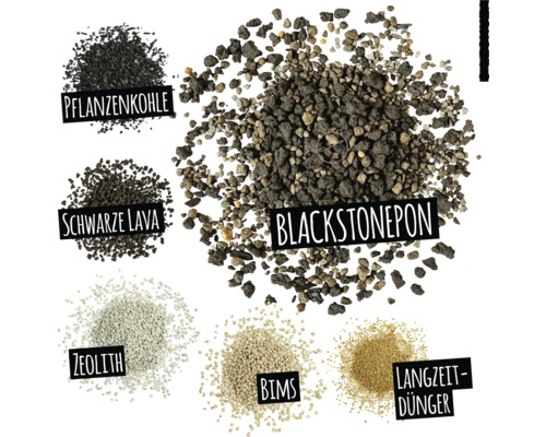 Bild av olika substrat för växter: träkol, svart lava, zeolit, pimpsten, långtidsverkande gödsel och blackstonepon