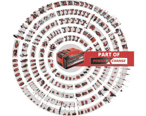 Ett Einhell Power X-Change-batteri med ett urval av kompatibla verktyg arrangerade i koncentriska cirklar.