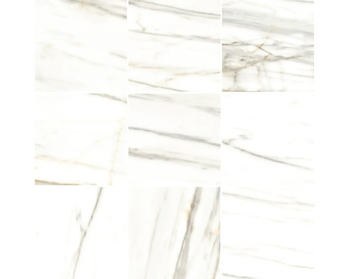 Nio vita plattor med marmorlook och grå ådring.