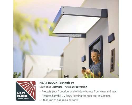 Tak över entrén till huset med värmeblockeringsteknik och man med mobiltelefon