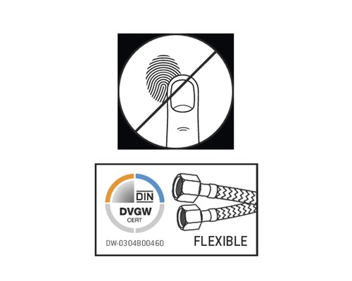 Symbol för att inte röra och DVGW-certifikat för flexibla slangar