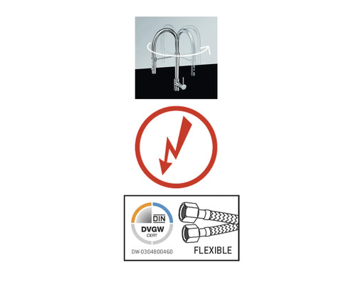 Vridbar armatur med blixtsymbol och flexibla anslutningsslangar