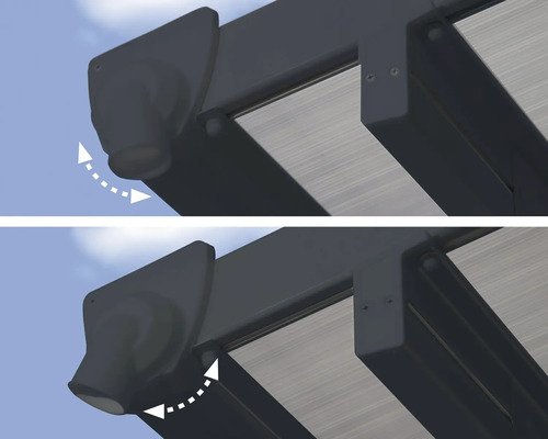 Detaljvy av ett vridbart solskydd med markis