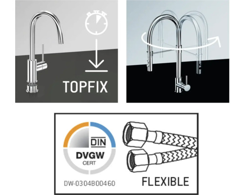 Egenskaper hos en köksblandare: Top-Fix-system, svängbar, Deutsches Verein des Gas- und Wasserfaches-certifierad, flexibel anslutning
