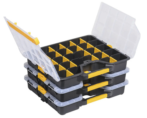 Stapel med tre sorteringslådor med fack och bärhandtag