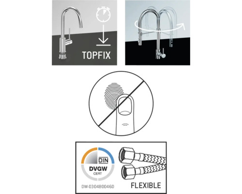 Produktfunktioner: Topfix-fäste, svängområde, anti-fingeravtrycksbeläggning, DVGW-certifiering, flexibla anslutningsslangar