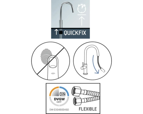 Produktfunktioner: Snabb montering, antifingeravtrycksbeläggning, flexibla slangar och DVGW-certifiering