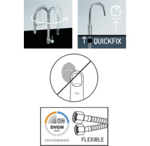 Produktfunktioner: Svängradie, snabbfäste, anti-fingeravtrycksbeläggning, dricksvattencertifiering, flexibel anslutning