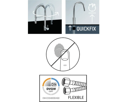 Produktfunktioner: Svängradie, snabbfäste, anti-fingeravtrycksbeläggning, dricksvattencertifiering, flexibel anslutning