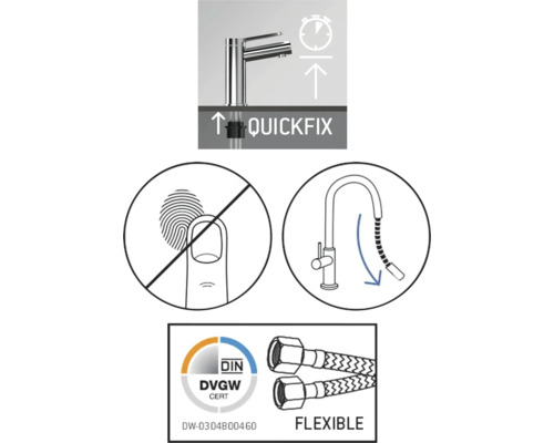 Snabbmonteringssystem, undvikande av fingeravtryck, utdragbar dusch, DVGW-certifiering och flexibla slangar.