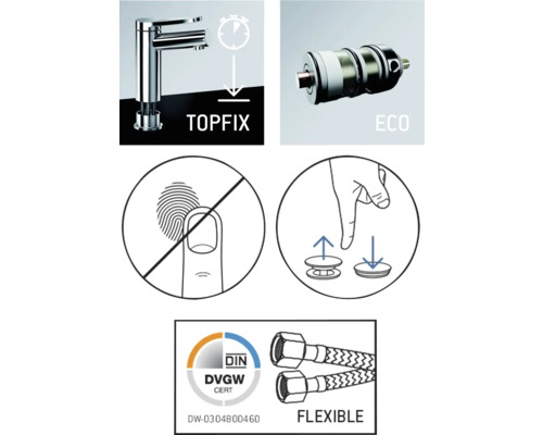 Produktfunktioner: Topfix fästsystem, vattenbesparingsfunktion, anti-fingeravtrycksbeläggning, excentrisk ventilteknik, DIN-DVGW-certifiering, flexibla anslutningsslangar