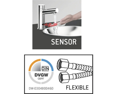 Sensorarmatur med hand under kran och DIN DVGW certifikat samt flexibla anslutningsslangar.