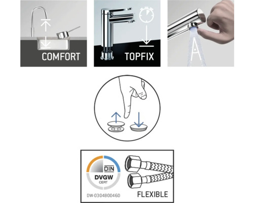 Produktfunktioner för en vattenkran: Komfort, Topfix, installation, DIN DVGW-certifiering och flexibla slangar