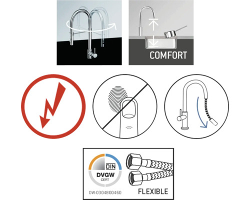 Produktfunktioner för en köksblandare: Svängradie, Komfort, Blixtsymbol, Anti-fingeravtrycksbeläggning, Utdragbar dusch, Flexibilitet, DVGW Cert
