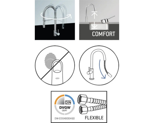 Funktioner hos en köksblandare: svängbar, komfort, antifingeravtryck, flexibla anslutningsslangar, tyskt certifikat