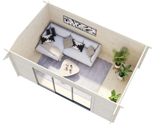 Interiörbild av ett trädgårdshus med soffa, bord, matta och växter