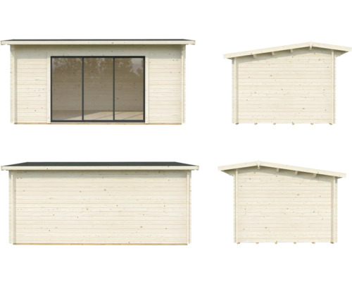 Flera vyer av ett trädgårdshus i trä med fönster och tak