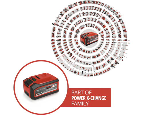 Einhell Power X-Change batteri med verktyg arrangerade i en cirkel