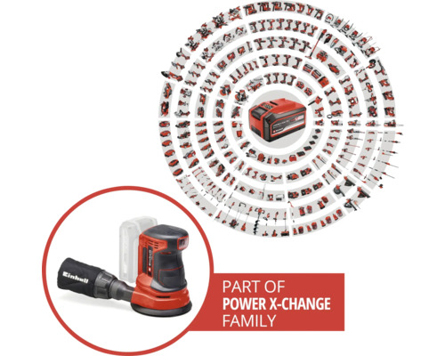 Einhell excenterslipmaskin och Power X-Change-batteri med andra verktyg från Power X-Change-familjen