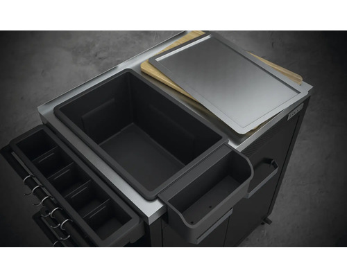 Grillvagn med skärbräda, rostfri plåt, förvaringsbehållare och kroklist