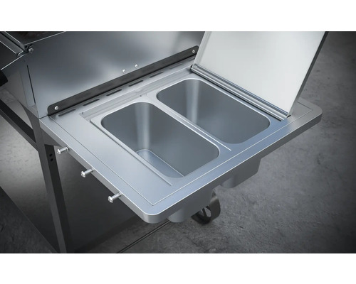 Grillbord i rostfritt stål med två behållare och ett lock