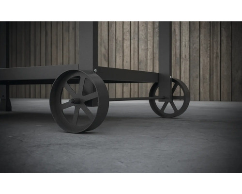 Närbild av underredet på en grillvagn med hjul