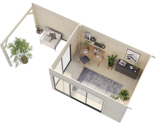 Interiör av ett modernt trädgårdshus med terrass, kontorsplats och sittgrupp.