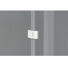 Detaljvy av ett duschkabin gångjärn.