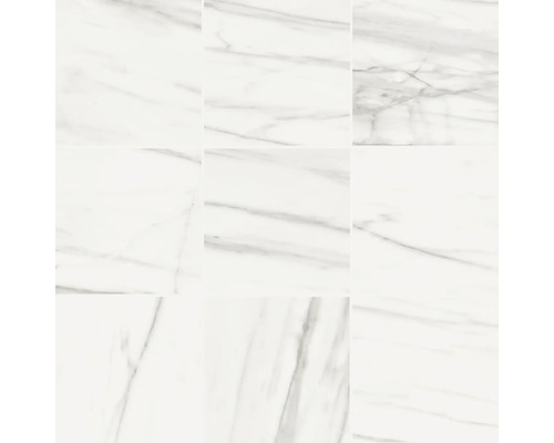 Nio vita marmorplattor med grå ådring