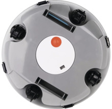 Undersida av en robotdammsugare med sensorer, hjul och batterifack