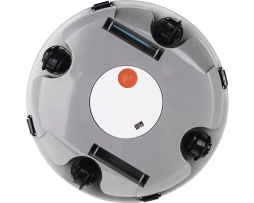 Undersida av en robotdammsugare med sensorer, hjul och batterifack