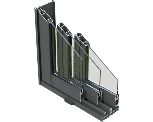 Tvärsnitt av ett aluminiumfönster med treglas