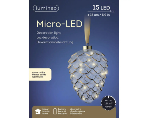 Lumineo Micro-LED dekorationslampa med 15 LED, 15 cm diameter, batteridriven, silvertråd och timer för inomhusbruk