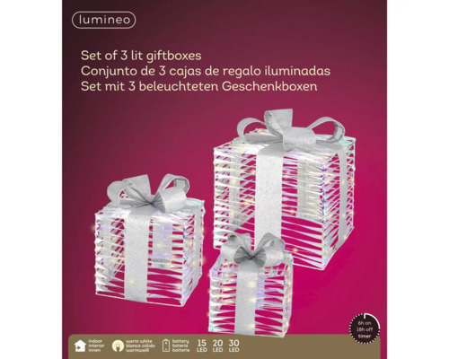 Set med tre upplysta presentaskar med rosett