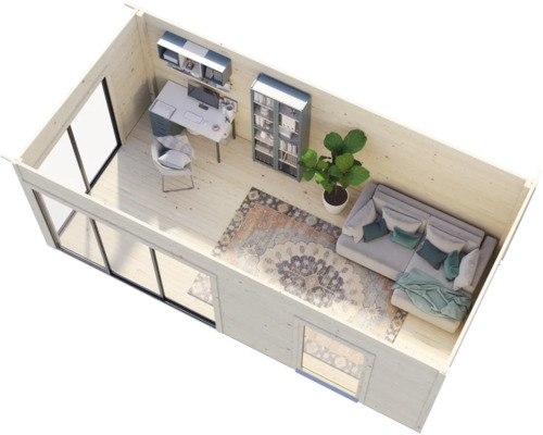 Interiör av ett trädgårdshus med kontorsmöbler och en vardagsrumsdel