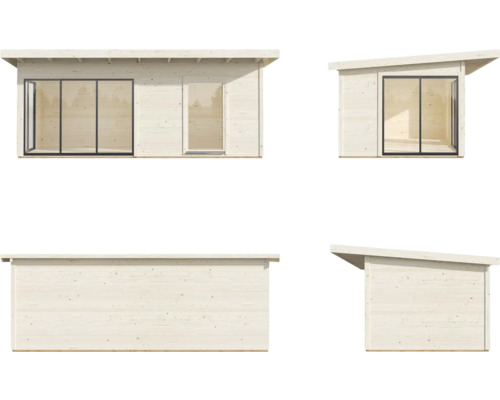 Vy över ett trädgårdshus med skjutdörr och dörr