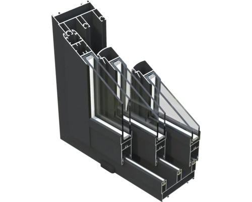 Tvärsnitt av ett aluminiumfönster med treglas