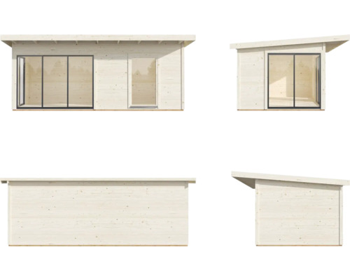 Trädgårdshus i trä med skjutdörr och pulpettak i olika vyer