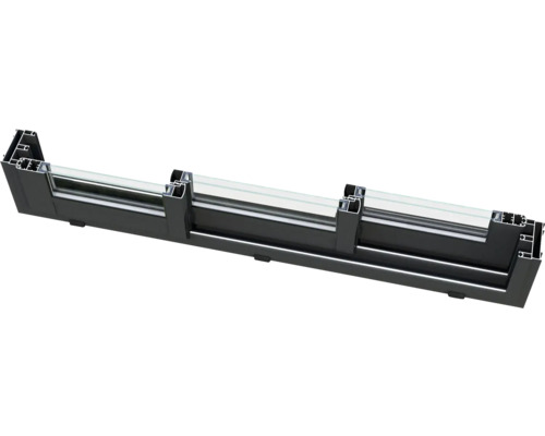 Tvärsnitt av en svart fönsterprofil med glas