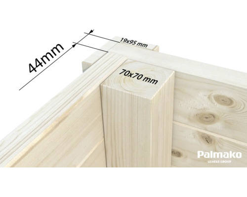 Detalj av ett trä hörn med måtten: 44 mm, 19 x 95 mm och 70 x 70 mm.