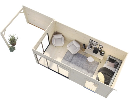 Interiör av ett modernt trädgårdshus med kontorsmöbler och avkopplingsområde