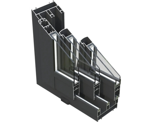 Tvärsnitt av ett aluminiumfönster med treglas