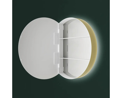 Öppet runt spegelskåp med hyllor