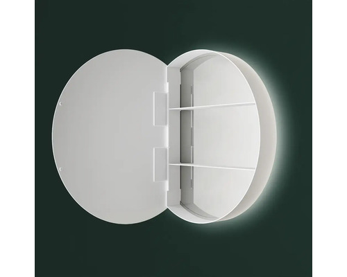 Runt spegelskåp med öppen dörr och inre hyllor