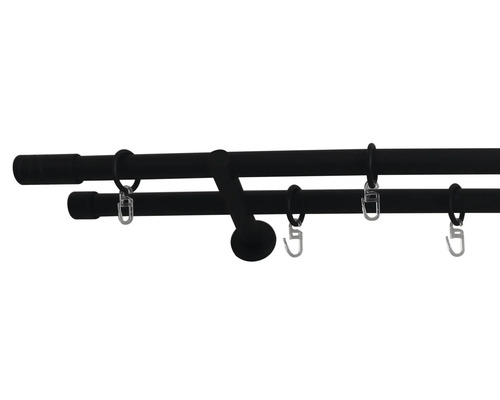 Dubbel gardinstång med ringar och krokar för gardinfäste
