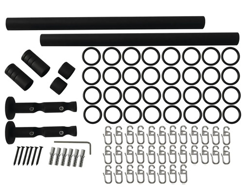 Gardinstångset med två stänger, ringar, krokar och fästmaterial