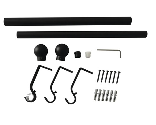 Gardinstångsset med stänger, ändstycken, fästen och fästmaterial