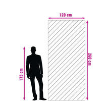 Illustration av en panel som mäter 120 x 260 centimeter bredvid en person som är 175 centimeter lång.