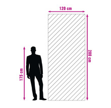 Bild av en dörr som mäter 120 gånger 280 centimeter och en person på 175 centimeter bredvid.