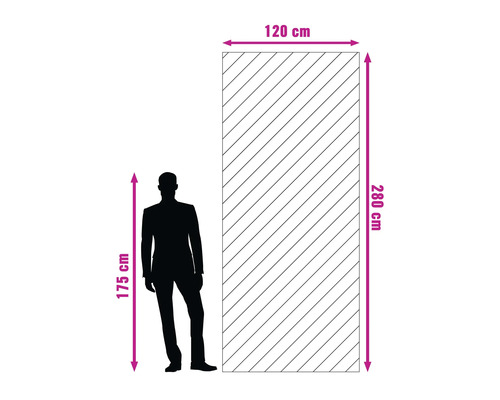 Bild av en dörr som mäter 120 gånger 280 centimeter och en person på 175 centimeter bredvid.